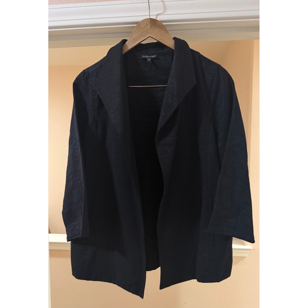 Eileen Fisher Women's M Black Textured Open Front Blazer Jacket Careerwear